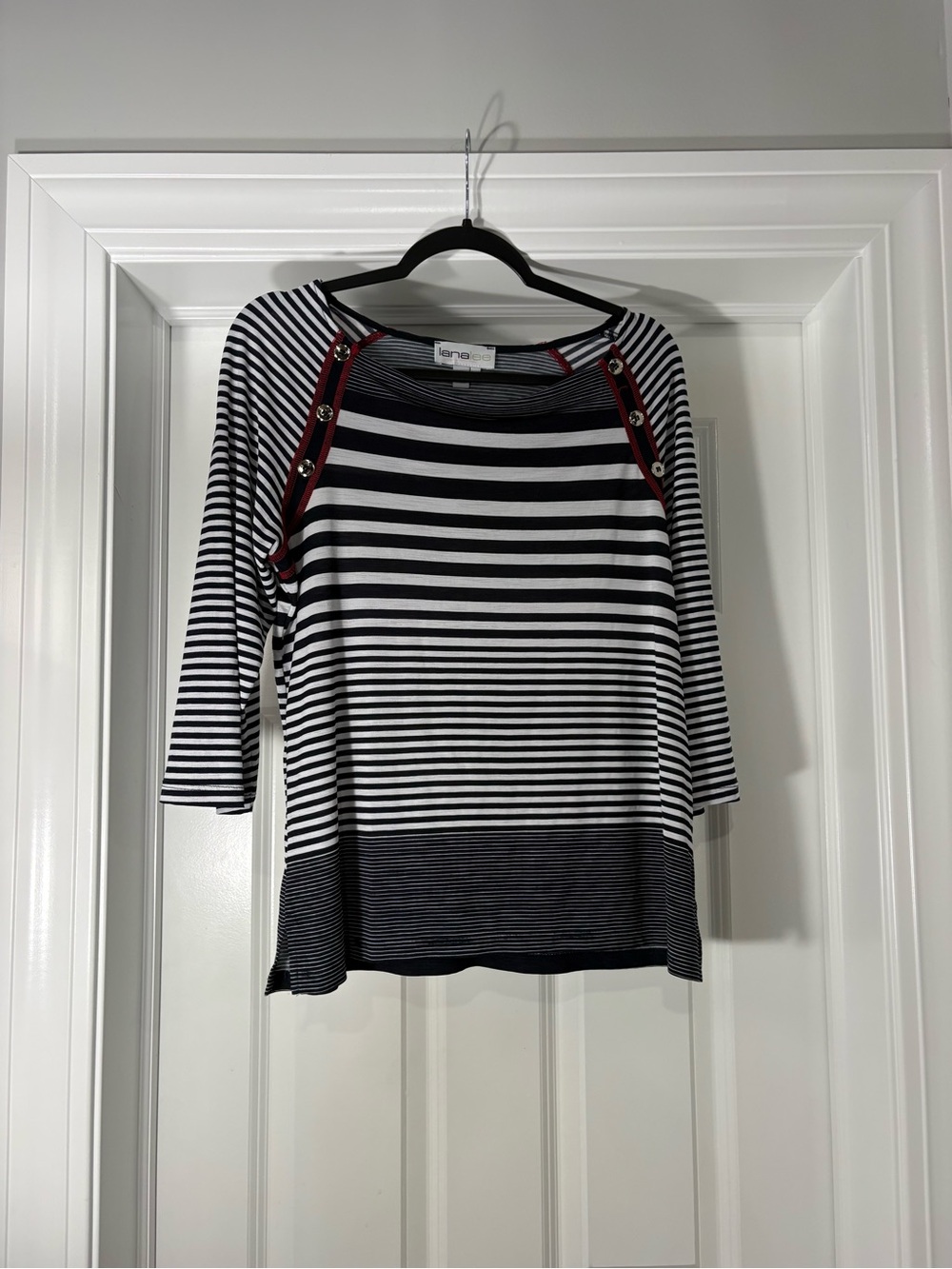 LanaLee Navy, White & Red Striped Button-Trim Long Sleeve Top